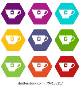 Cup with teabag icon set many color hexahedron isolated on white vector illustration