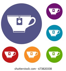 Cup with teabag icons set in flat circle reb, blue and green color for web