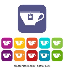 Cup with teabag icons set vector illustration in flat style in colors red, blue, green, and other