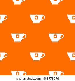Cup with teabag pattern repeat seamless in orange color for any design. Vector geometric illustration