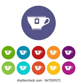 Cup with teabag set icons in different colors isolated on white background