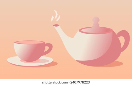 Copa y tetera. Desayuno y bebidas calientes. Ilustración vectorial.