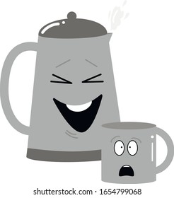 a Cup with a teapot with faces and emotions in gray 