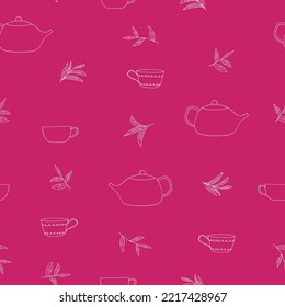 cup, teapot, tea leaves seamless pattern hand drawn in doodle style. hot drink, tea ceremony. textile, wrapping paper, background, wallpaper.