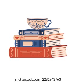 Cup of tee or coffee on a stack of books. Hand drawn vector illustration isolated on white background.