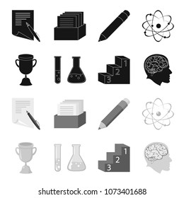 A cup, test tubes with a reagent, a pedestal, a man head with a brain. School set collection icons in black,monochrome style vector symbol stock illustration web.