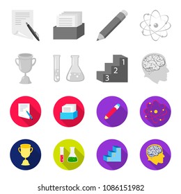 A cup, test tubes with a reagent, a pedestal, a man head with a brain. School set collection icons in monochrome,flat style vector symbol stock illustration web.