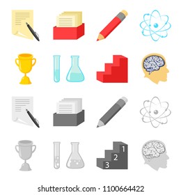 A cup, test tubes with a reagent, a pedestal, a man head with a brain. School set collection icons in cartoon,monochrome style vector symbol stock illustration web.
