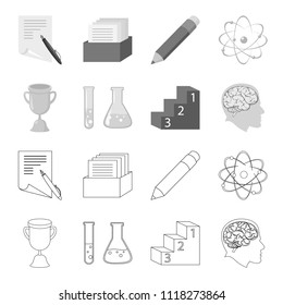 A cup, test tubes with a reagent, a pedestal, a man head with a brain. School set collection icons in outline,monochrome style vector symbol stock illustration web.