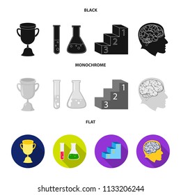 A cup, test tubes with a reagent, a pedestal, a man head with a brain. School set collection icons in black, flat, monochrome style vector symbol stock illustration web.