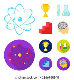 A cup, test tubes with a reagent, a pedestal, a man head with a brain. School set collection icons in cartoon,flat style vector symbol stock illustration web.