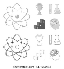A cup, test tubes with a reagent, a pedestal, a man s head with a brain. School set collection icons in outline,monochrome style vector symbol stock illustration web.