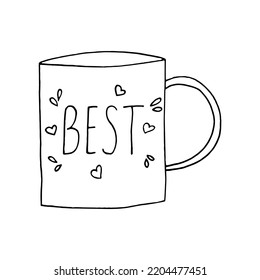 cup with text best and hearts hand drawn in doodle style