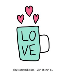 Cup with text Love and flying red hearts instead of steam in doodle style isolated on white background. Hand drawn cute cup for Valentine's Day, perfect for expressing love with charming cup design