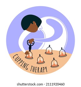 Cup therapy. A stylized female doctor performs a procedure. Alternative medicine. Flat vector illustration.