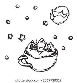 In the cup there is a mountain village with a house and a forest, and above it there is a moon made of a fox cub curled up in a ball and it is snowing and the stars are shining