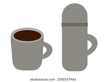 Cup and thermos. Outing equipment. Camping travel trekking scouts tool, hiking gear adventure trip. Summer vacation. Camp objects tourism. Vector flat illustration.