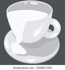 The cup is tilted and milk flows out of it. Gray mug, white liquid, black background. Saucer and shadow