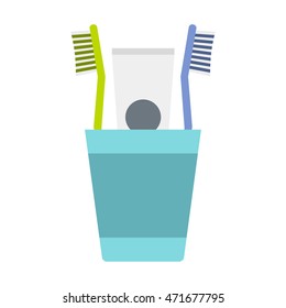 Cup with toothbrushes and toothpaste icon in flat style isolated on white background. Dental care symbol