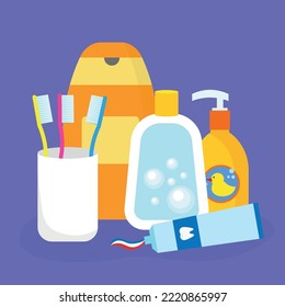 Cup with toothbrushes, toothpaste, soap, lotion and shampoo