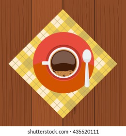 Cup top view. Cup and saucer with coffee and coffee bubbles top view on napkin with flat color style design and with wood background. Concept of breakfast, coffee break.