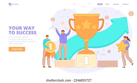 Cup, triumph, winner flat vector illustration with character. Your way to success concept for landing page, template, ui, web, mobile app, poster, banner, flyer.