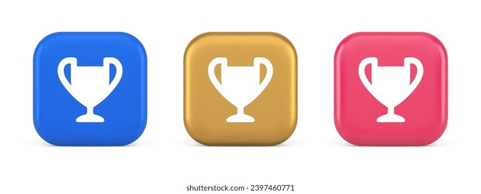 Cup trophy award best win achievement button first place game online connection 3d realistic blue gold and pink icons. Reward goblet success winner online application design