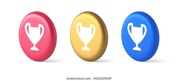 Cup trophy award best win achievement button first place game online connection 3d realistic blue gold and pink icons. Reward goblet success winner online application design