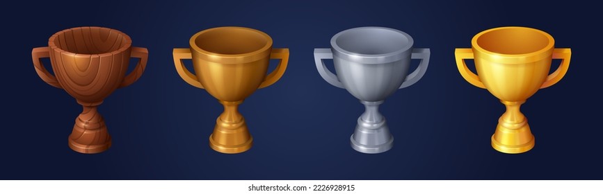 Copa, trofeo goblet evolución de juegos de accesorios íconos. Objetos de madera, bronce, plata y metal brillante dorado. Premio aislado por la victoria en competición, casino o éxito deportivo Caricatura 3d elemento vector