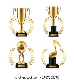 Cup trophy with golden laurel. Realistic gold sports or music winner awards. Victory goblet with wreath frame. Collection for award ceremony, symbol of leadership and success 3d vector set