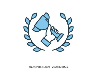 Icono de portador de trofeo de copa con corona de laurel. icono relacionado con la celebración, el ganador, el éxito, la recompensa. Diseño de estilo de icono de línea plana. Diseño de vector simple editable