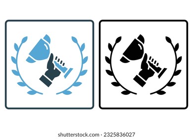 Cup trophy holding icon with laurel wreath. icon related to celebration, winner, success, reward. Solid icon style design. Simple vector design editable