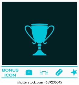 Cup trophy icon flat. Blue pictogram on dark background. Vector illustration symbol and bonus icons