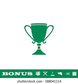Cup trophy icon flat. Green pictogram on white background. Vector illustration symbol and bonus button