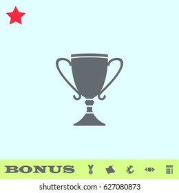 Cup trophy icon flat. Grey pictogram on blue background. Vector illustration symbol and bonus buttons medal, cow, earth, eye, calculator