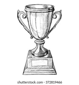 Cup Trophy On Wooden Pedestal Black And White Sketch. Vector Illustraton