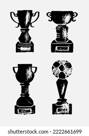 Cup trophy set icon, engraved style isolated. Competition, soccer match	