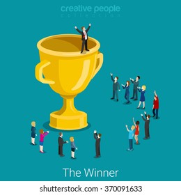 Cup trophy successful winner flat 3d isometry isometric business success concept web infographics vector illustration. Big trophy and micro businessmen. Creative people collection.