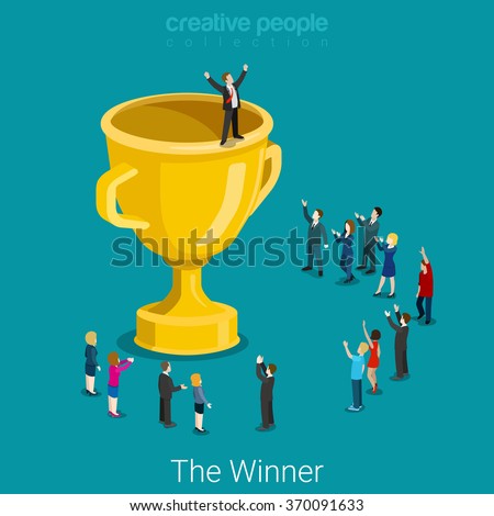Cup trophy successful winner flat 3d isometry isometric business success concept web infographics vector illustration. Big trophy and micro businessmen. Creative people collection.