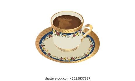 Una taza de Ilustración vectorial de café turco. Café tradicional turco. Espuma de café. Pequeña taza de café con patrón floral rosa azul y detalle dorado.