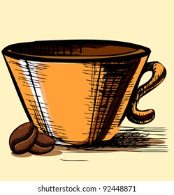 Cup with two coffee beans sketch vector illustration