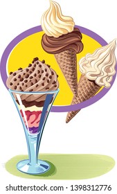A cup and two cones with various flavors of ice cream, in an oval frame, in vector.