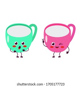 Cup. Two cute attractive characters, angry and joyful. Natural breakfast. Vector illustration. For packaging, brochures, advertising, design.