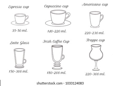Cup type for coffee, volume of coffee, for menu, restaurant, bar, book, advertisement, fliers, web