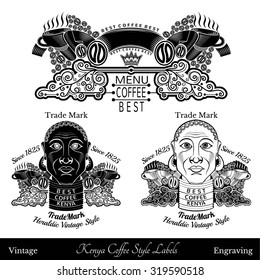 Cup under the ribbon. Black man or woman with necklace and best kenya coffee lettering