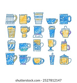 cup utensil for drinking beverage doodle icons set vector. sketch line art cup for tea and coffee energy hot drink, sports shaker and for printed kitchenware wooden material mug color illustrations