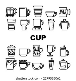 Cup Utensil For Drinking Beverage Icons Set Vector. Cup For Tea And Coffee Energy Hot Drink, Sports Shaker And For Tourist, Printed Kitchenware And Wooden Material Mug Black Contour Illustrations