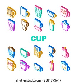 Cup Utensil For Drinking Beverage Icons Set Vector. Cup For Tea And Coffee Energy Hot Drink, Sports Shaker And For Tourist, Printed Kitchenware Wooden Material Mug Isometric Sign Color Illustrations