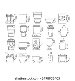 Cup Utensil For Drinking Beverage Icons Set Vector. Cup For Tea And Coffee Energy Hot Drink, Sports Shaker And For Tourist, Printed Kitchenware And Wooden Material Mug Black Contour Illustrations