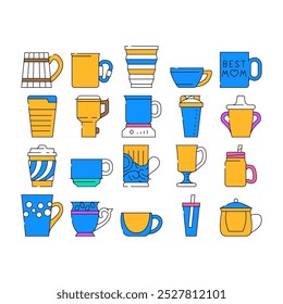 Cup Utensil For Drinking Beverage Icons Set Vector. Cup For Tea And Coffee Energy Hot Drink, Sports Shaker And For Tourist, Printed Kitchenware And Wooden Material Mug color Contour Illustrations